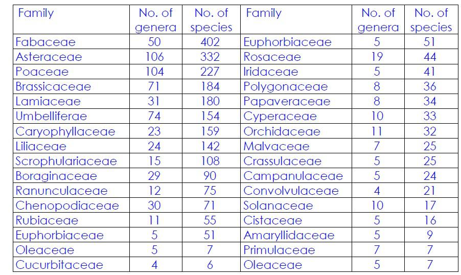 list of largest plants' families in the Syrian Flora (Mouterde 1966-1983)