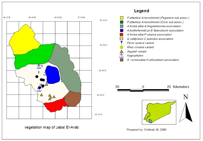 A map shows the vegetation cover of Jabal El-Arab